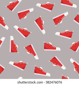 Casual red sport shoes on gray background seamless pattern - flat style vector illustration