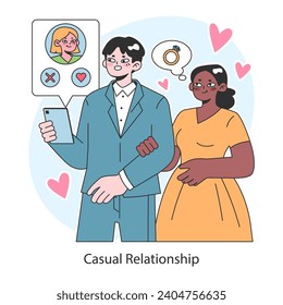 Casual relationship concept. Modern dating with ease and light-hearted connection. Freedom in romance, dating without commitment. Flat vector illustration.