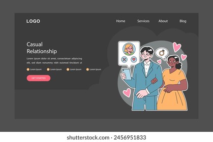 Gelegenheitsbeziehung Dunkel- oder Nachtmodus Web, Landung. Moderne Dating mit Leichtigkeit und unbeschwerte Verbindung. Freiheit in der Romantik, Dating ohne Verpflichtung. Flache Vektorillustration.