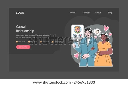 Casual relationship dark or night mode web, landing. Modern dating with ease and light-hearted connection. Freedom in romance, dating without commitment. Flat vector illustration.