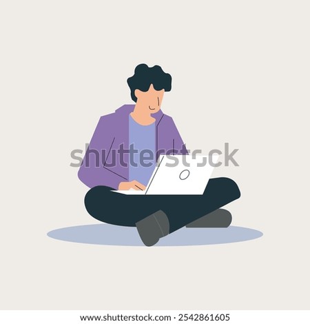 Casual Remote Worker Using Laptop, Flat Vector Design Freelancer Working on Laptop in Simple Cartoon Style.