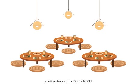 Casual restaurant dining area with three round wooden tables filled with sushi dishes arranged under suspended modern pendant lights.