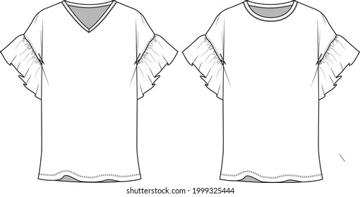 Casual ruffle sleeves t-shirt top clothing flat sketches vector