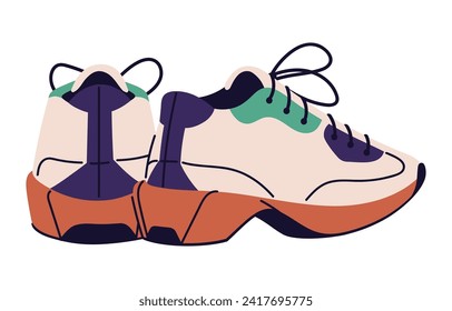 Casual running boots with chunky sole. Ugly sneakers back view. Cool footwear, shoes for training. Comfortable trainers pair. Street fashion in sport style. Flat isolated vector illustration on white
