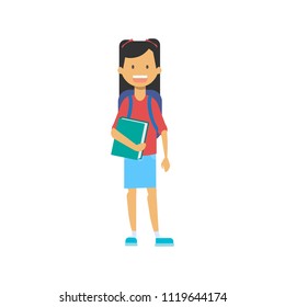 casual schoolgirl with backpack and copybook, happy school pupil full length avatar on white background, successful study concept, flat cartoon design vector illustration