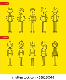 Casual Set Characters For Use In Design. Vector Flat Illustration. Line Art Style