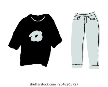 Conjunto casual de camiseta y jeans. Elementos de ropa de estilo urbano dibujados a mano. Traje de estilo callejero. Ilustración vectorial gráfica plana aislada sobre fondo blanco