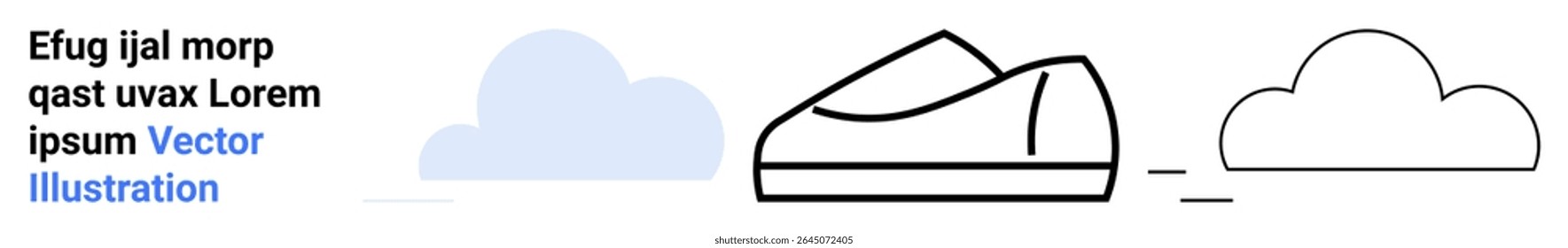 Casual shoe vector drawing, pale blue cloud, black outline cloud, and sample placeholder text for design context. Ideal for graphic designers, educational materials, weather themes, apparel industry