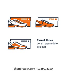 Casual shoes, low men's shoes with heel, side view with box, design collection, vector line icon set