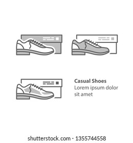 Casual shoes, low men's shoes with heel, side view with box, design collection, vector line icon set