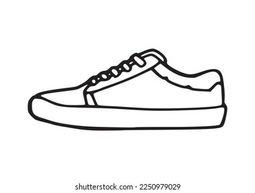 Casual shoes made for walking outline illustration graphic. Skate sneakers for male and female, black and white graphic icon. Fashion street footwear simple comfortable silhouette clothing symbol.