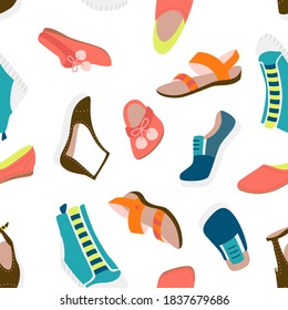 Casual shoes seamless pattern. Loafers, slippers, sandals, sneakers, flats. Vector colorful fashion design. 
