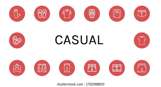 casual simple icons set. Contains such icons as Jeans, Flip flops, Polo shirt, Coat, Jacket, Short, Baseball cap, Shorts, Trousers, Swimming trunks, can be used for web, mobile and logo