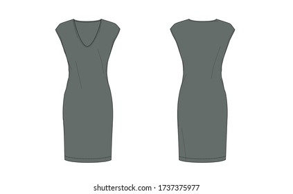 Casual slim midi dress with V-neck, flat sketch, front and back views