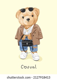 casual slogan with cute fashionable bear doll vector illustration