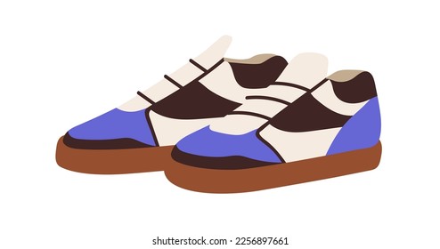 Casual sneakers, modern sport shoes in street style. Fashion trainers pair. Feet sportswear, footwear. Unisex athletic stylish foot wear. Flat vector illustration isolated on white background