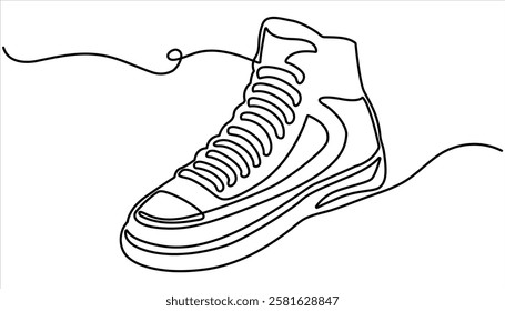 Casual sneakers shoes continuous one line drawing. Vector illustration of sneakers sports shoes in a continuous one line isolated white background
