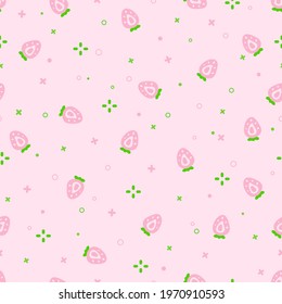 Casual strawberry seamless pattern. Cute pink princess background with dots and strawberries. Simple trendy cartoon pattern with sweet decorative strawberries for fabric, underwear, paper, wrapping.
