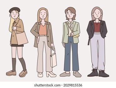 Casual Street Female Fashionista Characters Standing. Outline Simple Vector Illustration.