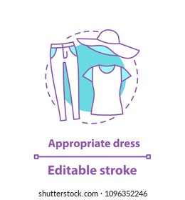 Casual style concept icon. Appropriate dress idea thin line illustration. Comfort clothes. Jeans, t-shirt and sun hat. Vector isolated outline drawing. Editable stroke