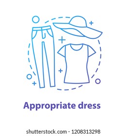 Casual style concept icon. Appropriate dress idea thin line illustration. Comfort clothes. Jeans, t-shirt and sun hat. Vector isolated outline drawing