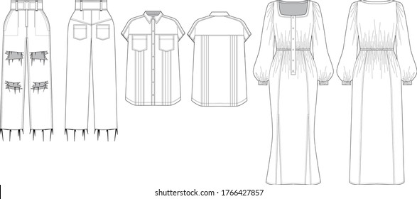 Casual style flat design consisted of shirt, high-waisted jeans and Boho-Dress