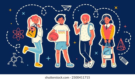 Casual style teenage students enjoying school time. Girls with backpacks, boy showing joyful gesture on a sportsman student. Hand drawn children in different poses.''Back to school'' vector concept