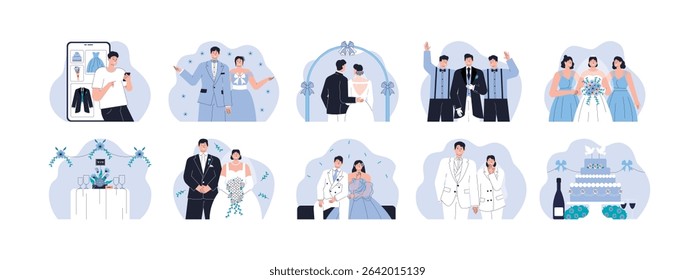 Casual style wedding with bride accompanied by bridesmaids and groomsmen, vector illustration.