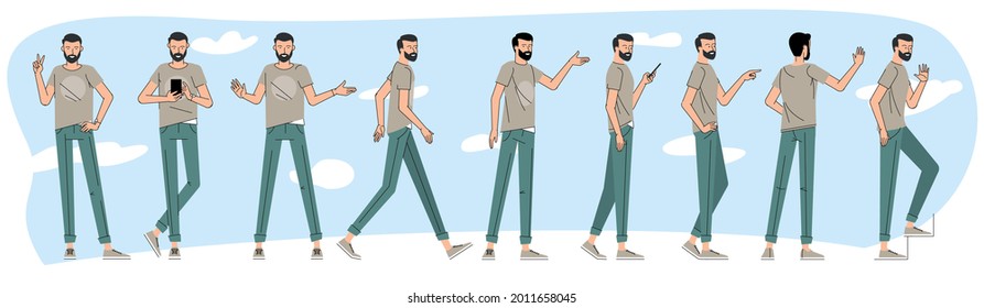 Joven de estilo casual con barba en diferentes poses vectoriales. Actividades y gestos de carácter plano.