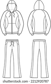 Casual suit flat sketch. Zip up hoodie and pants apparel design. Front and back. Women CAD mockup. Technical drawing template. Vector illustration.
