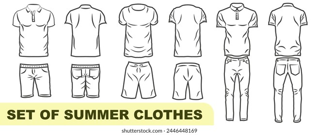 Casual summer clothes in a thin line. Light shirts and shorts. Front view, back view. EPS 10.