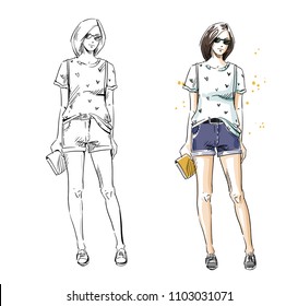 casual summer look, vector fashion illustration