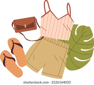 Casual Summer Outfit with Accessories. A summer outfit featuring a camisole top, shorts, and stylish accessories like a handbag and sandals for a trendy warm-weather look