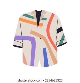 Casual summer shirt, garment. Modern blouse with abstract print, colorful pattern. Cotton clothes, unisex wearing, apparel for warm weather. Flat vector illustration isolated on white background