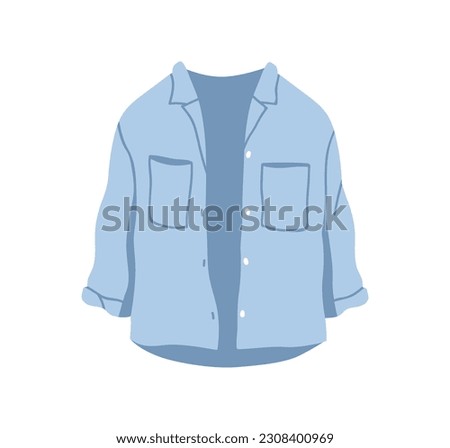 Casual summer shirt. Unbuttoned women blouse with chest pockets. Female denim apparel, loose garment. Modern trendy wearing for warm weather. Flat vector illustration isolated on white background Foto d'archivio © 