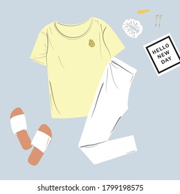 Casual summer wear and simple cute look. Minimalist pineapple yellow top and white pants are complemented by cute and trendy girly accessories