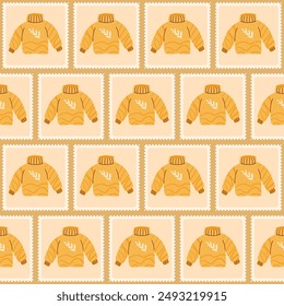 Casual sweaters checked seamless pattern. Bento box jumper repeat background. patchwork retro stamps endless design. Vector hand drawn flat illustration.