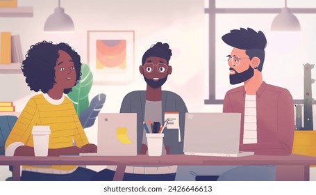 Casual teamwork - Diverse team of people working together with computers. Unity and support between colleagues concept. Flat vector illustration
