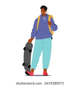 Casual teenage guy cartoon student character smiling standing with skateboard and backpack posing isolated on white background. Young skater high-school pupil vector illustration. Cool guy portrait