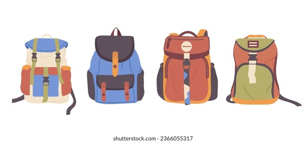 Mochilas de viaje casuales, bolsos turísticos, bolso de equipaje de excursión en fila aislado sobre blanco