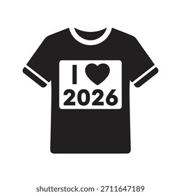 A casual t-shirt vector icon displaying an "I Love 2026" graphic, representing holiday apparel, party merchandise, and a positive attitude towards the upcoming year.