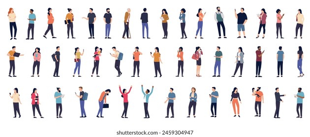 Casual vector people collection - Large set of diverse characters, men and women standing in various poses. Flat design side view vector illustrations on white background