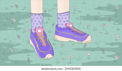 Casual walk in flower field lofi wallpaper. Childish sneakers with polka-dot socks. Legs in shoes wildflowers meadow 2D cartoon flat illustration. Vector art image lo fi aesthetic color background