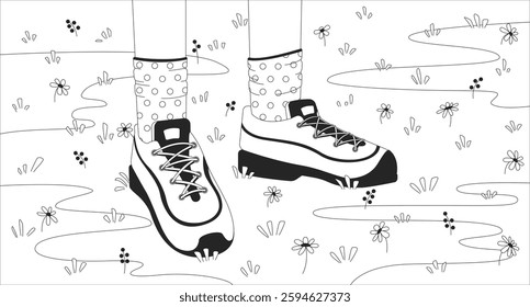 Casual walk in flower field lofi illustration outline. Childish sneakers with polka-dot socks. Legs in shoes wildflowers meadow 2D ink linear flat lo fi drawing. Vector line art aesthetic wallpaper