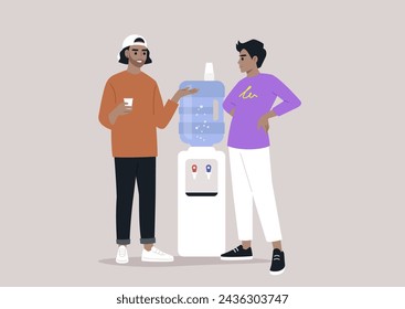 Casual Water Cooler Conversation Between Colleagues, Two professionals engaged in a friendly chat by the office water dispenser