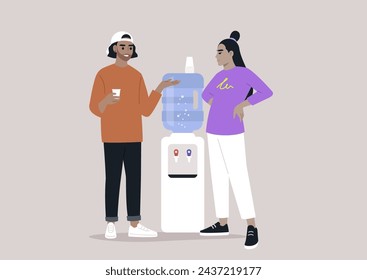 Casual Water Cooler Conversation Between Colleagues, Two professionals engaged in a friendly chat by the office water dispenser