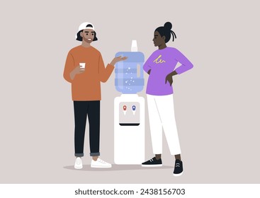 Casual Water Cooler Conversation Between Colleagues, Two professionals engaged in a friendly chat by the office water dispenser