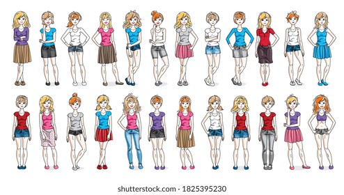 Casual wear clothes cute and attractive women vector illustrations big collection isolated on white background, perfect slim curvy body gorgeous female drawings, diverse people girls set.