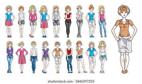 Casual wear clothes cute and attractive women vector illustrations big collection isolated on white background, perfect slim curvy body gorgeous female drawings, diverse people girls set.