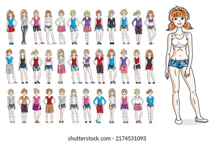 Casual wear clothes cute and attractive women vector illustrations big collection isolated on white background, perfect slim curvy body gorgeous female drawings, diverse people girls set.